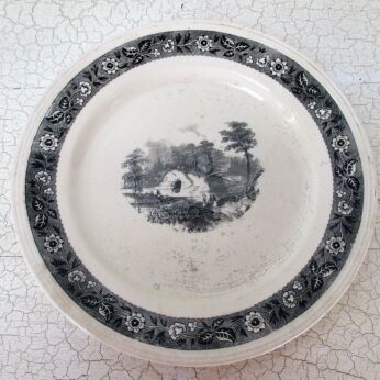 Antique 1900 Sepia Plate Boch la Louviere Black White A walk in the Country