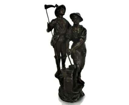 Sculpture Statue Spelter 2 Working Men Blacksmith Scythe Art deco Figurine 14.56"