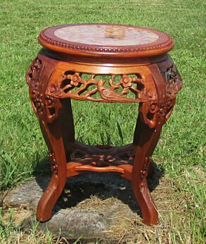 Vintage Carved Wood Marble Top Rosewood Plant Stand Round Side Table Hobnails