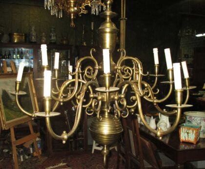 RESERVE FRANCOIS Antique Flemish Dutch Double 12 Arms Chandelier Pendant Lights Brass 