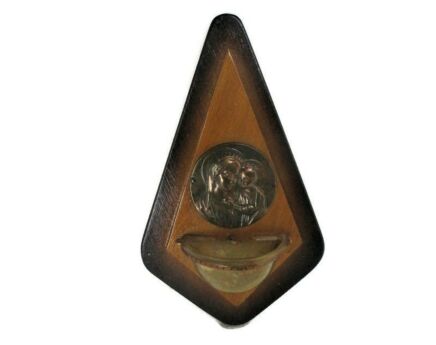 Art Deco Wall Holy Water Font Vessel Jesus Christ Blessed Virgin Mary Infant Jesus Wood Copper 1920s