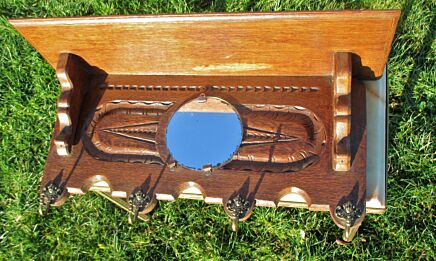 Vintage Small Coat Rack Wall Rack Hanger Hooks Shelf Round Mirror Carved Wood