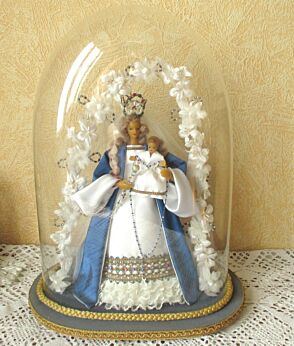 Vintage Madonna Virgin Mary Baby Jesus Wax Vintage Oval Globe Dome 15.6"