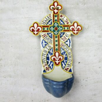 Polychrome Holy Water Font Porcelain Church Wall Hanging Holland Maastricht 8"