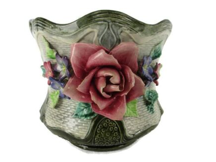 Planter Cache Pot  French Pottery Faience Majolica Flowers Vintage Gorgeous