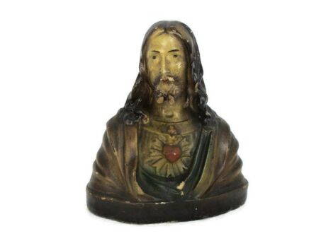 Antique Plaster French Bust Jesus Christ Statue Sacred heart Small Art Deco Polychrome