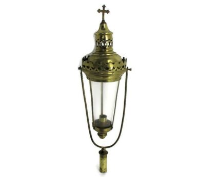 Religious Swinging Procession Torch Thuribles Candle Holder Brass Lamp Glass  Crucifix Antique
