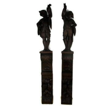 2 Antique Hand Carved Wood Reclaimed Corbels Architectural Hunter Fisherman WOW