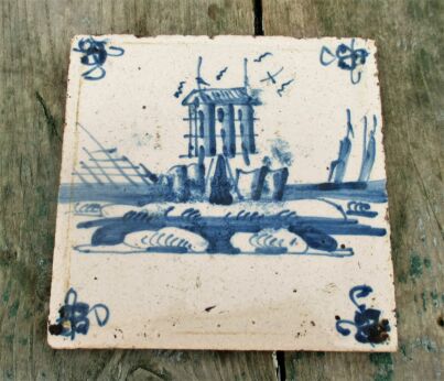 Antique 19th C. Delft Tile Dutch Blue White Landscape House Seaside
