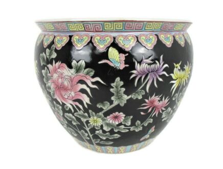 Vintage Chinese Porcelain Enamel Famille Rose Koi Fish Bowl Planter Vase  Cachepot Flowers Black Flowers  Stunning