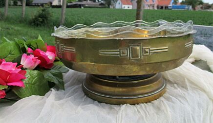 Vintage Brass Communion dish Bowl Tray Etched Glass Catholic Church Centerpiece