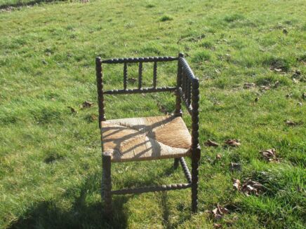 Antique French Dark twisted wood Corner Chair with Rush seat