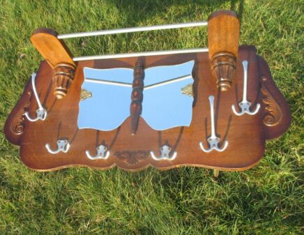 Vintage Carved Wood Coat Hat Rack Butterfly Beveled Glass Mirror Art Deco