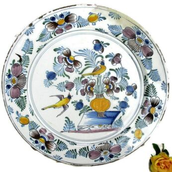 Large 19th Century Hand Painted Polychrome Charger Plate Flower Vaser Bird
