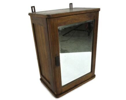Vintage Carved Wood Kitchen Apothecary Medicine Bathroom Wall Cabinet Beveled Glass Mirror Barn style Farm Country style