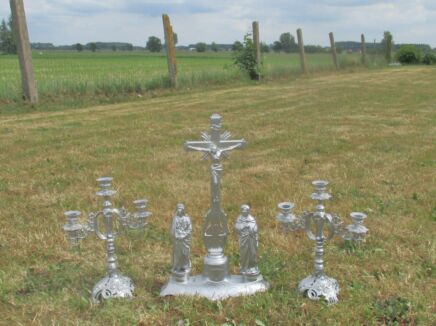 3 pieces Set Art Nouveau Zamac Crucifix Candlesticks Silver painted Saints