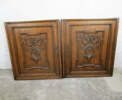 pair Carved Wood Oak Kitchen Cabinet Doors Panels Reclaimed Architectural Deer