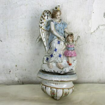 French Holy Water Font Vessel Angel Holding Hand over Girl Porcelain Marked HTF