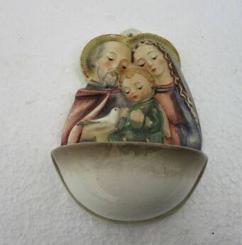 Vintage Holy Water Font Porcelain Goebel Hummel Marked Holy Family Virgin Mary Infant Jesus Sain Joseph Germany HTF