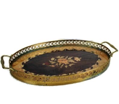 Oval Italian Marquetry Inlay Inlaid Serving Tray Wood Brass trim and Handles