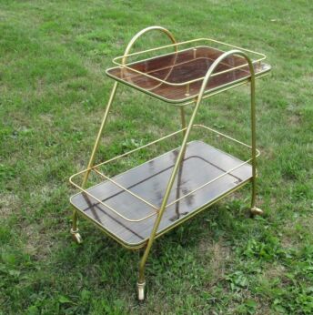 Vintage Wooden Bar Cart cocktail Trolley Serving tray asymetrical 70s WOW