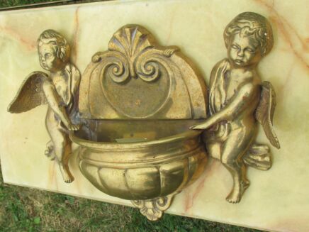 Antique Very Large Church Chapel Holy Water Font Angels Brass Wall Hanging Rare
