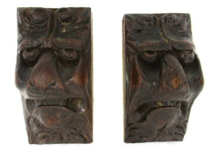 Pair Corbels Hand Carved Wood Architectural reclaimed LIon Heads Trim Antique