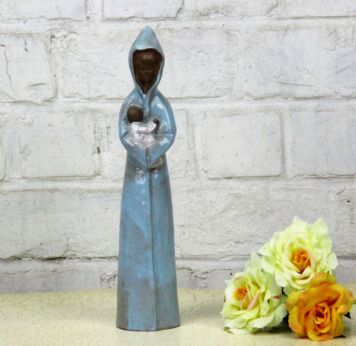 Black Madonna Virgin Mary Infant Child Terra Cotta Blue Glazed Marked 11.41"