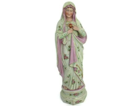 Antique Porcelain Bisque Statue Virgin Mary Our Lady Madonna Holy Heart Gorgeous Painting 17.71"