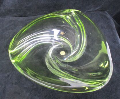Val St Lambert Green Bowl Dish Centerpiece Basket Swirled art Glass Marked