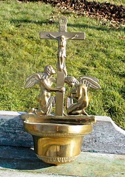 Vintage Large Brass Holy Water Font Angels Crucifix Cross Jesus Wall Hanging