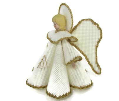 Angel Doll Figurine Statue Folk Art Crocheted Dress and Wings Porcelain Head Hands