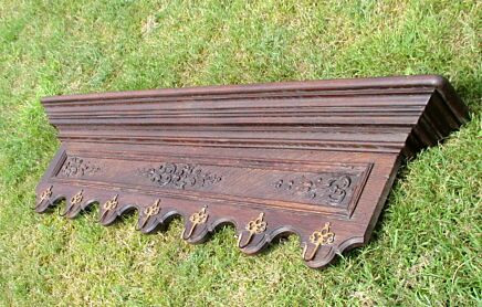 Antique 20th Century French Carved Wood Oak COAT Hat RACK Brass Hooks
