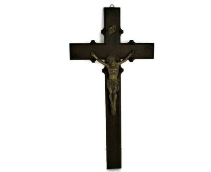 Large   Oak Hanging Crucifix Cross Jesus Christ Brass Corpus  23.62"