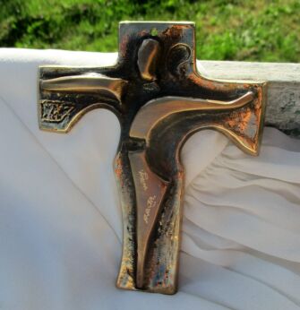 Small Mid Century Modernist Bronze Hanging Crucifix Jesus Christ Priest Signed