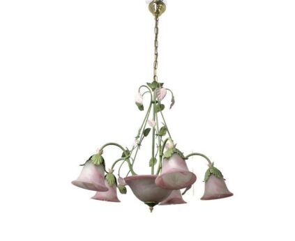 Murano Italian PInk Green Leafs Art Glass Vintage Chandelier 7 Lights Marked