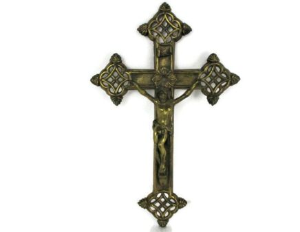 Beautiful Hanging Ornate Crucifix Ornate Lace Brass Corpus Jesus Christ Mid Century 16.92"