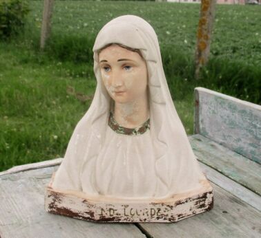 Vintage Notre Dame de Lourdes Virgin Mary Madonna Plaster Statuette Bust Rare