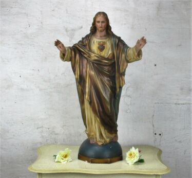 Very Large Statue Jesus Christ Sacred Heart Open arms Polychrome 27.95""