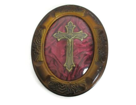 Antique Oval Ornate Wooden Frame red Velvet Convex Glass Dome Crucifix Cross