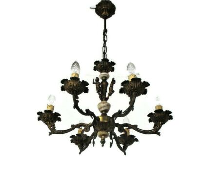 Chandelier 6 Lights Arms Putti Hollywood Regency Spelter Marble Gorgeous Lamp