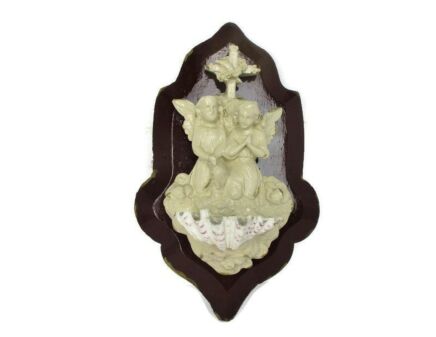 Vintage Holy Water Font Vessel Shell on Wood Angels Painted white lovely