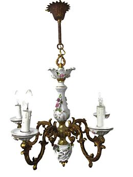 Romantic Capodimonte style chandelier 5 arm Lights Brass Porcelain Flowers