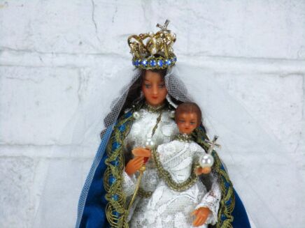 Vintage Madonna Virgin Mary Infant Jesus Wax Doll Figurine Green Coat Vintage