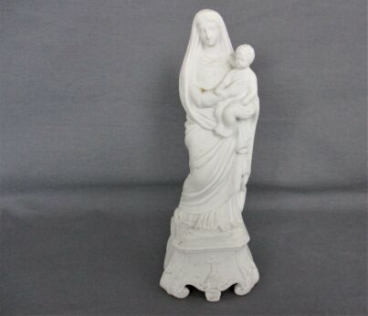 Antique Bisque Porcelain Statue Virgin Our Lady Mary Madonna with Infant Jesus Gorgeous 7.87"