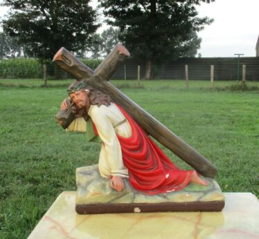 Large Plaster Antique Jesus Christ Statue Carrying Cross Crucifix 16.14"