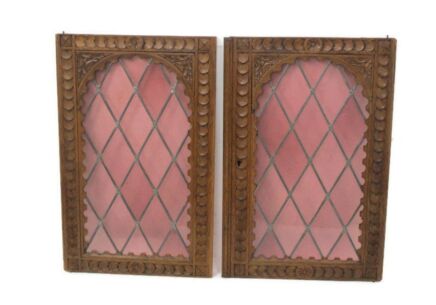 pair Antique French Carved Wood Oak Door Panels Reclaimed Architectural Leaded Cranberry Glass