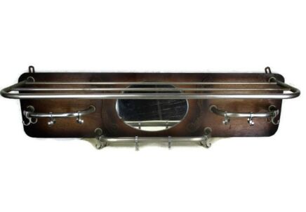 Vintage Mid Century Chrome Industrial Coat Hat Rack 1950's Wood Mirror