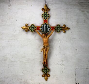 Large French Polychrome Antique Crucifix 19th C Fleur de Lis Plaster Corpus 32"