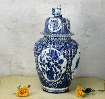 Vintage Royal Sphinx Maastricht Delft Vase Urn Marked Blue White Foo Dog 18.11"